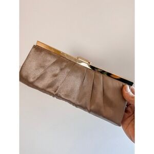 Jessica McClintock Satin Evening Clutch Champagne Taupe Gold Frame Purse 10"